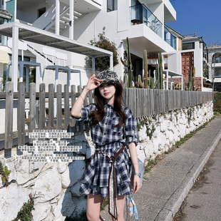 小小家 长可调节不易皱时髦显高裙配腰带 小个子收腰格子连衣裙袖