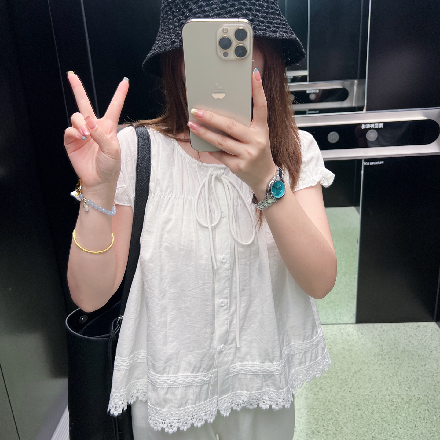 小小家 小个子小码韩系减龄宽松花边衬衫短袖圆领休闲百搭上衣