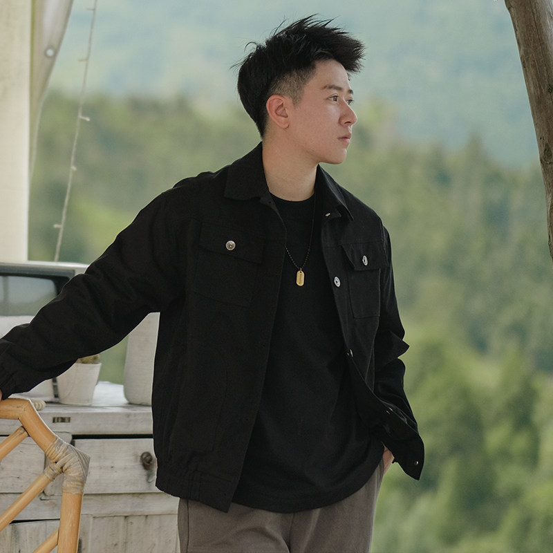 熙米家 黄色黑色单排扣松紧短夹克 les中性风帅t无性别中性水洗