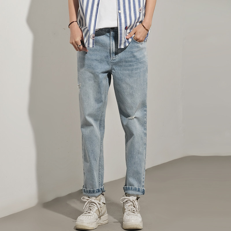 熙米家夏盐炒砂洗水洗工艺破洞牛仔裤9分les中性风帅t无性别中性