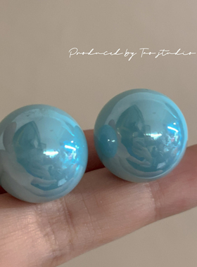 复古港风氛围感蓝色球球耳环20mm设计感高级夸张耳饰无耳洞耳夹女