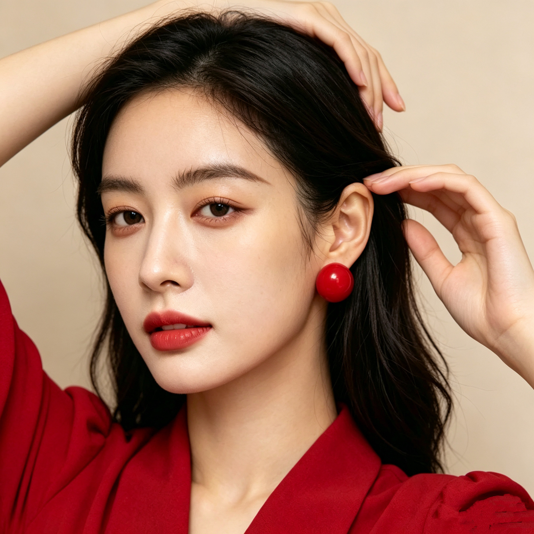 复古港风红色球球耳环女小众设计高级气质耳钉新娘耳饰无耳洞耳夹