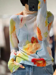 薄如蝉翼120支精纺超细水溶羊毛衫印花圆领宽松薄款针织毛衣打底