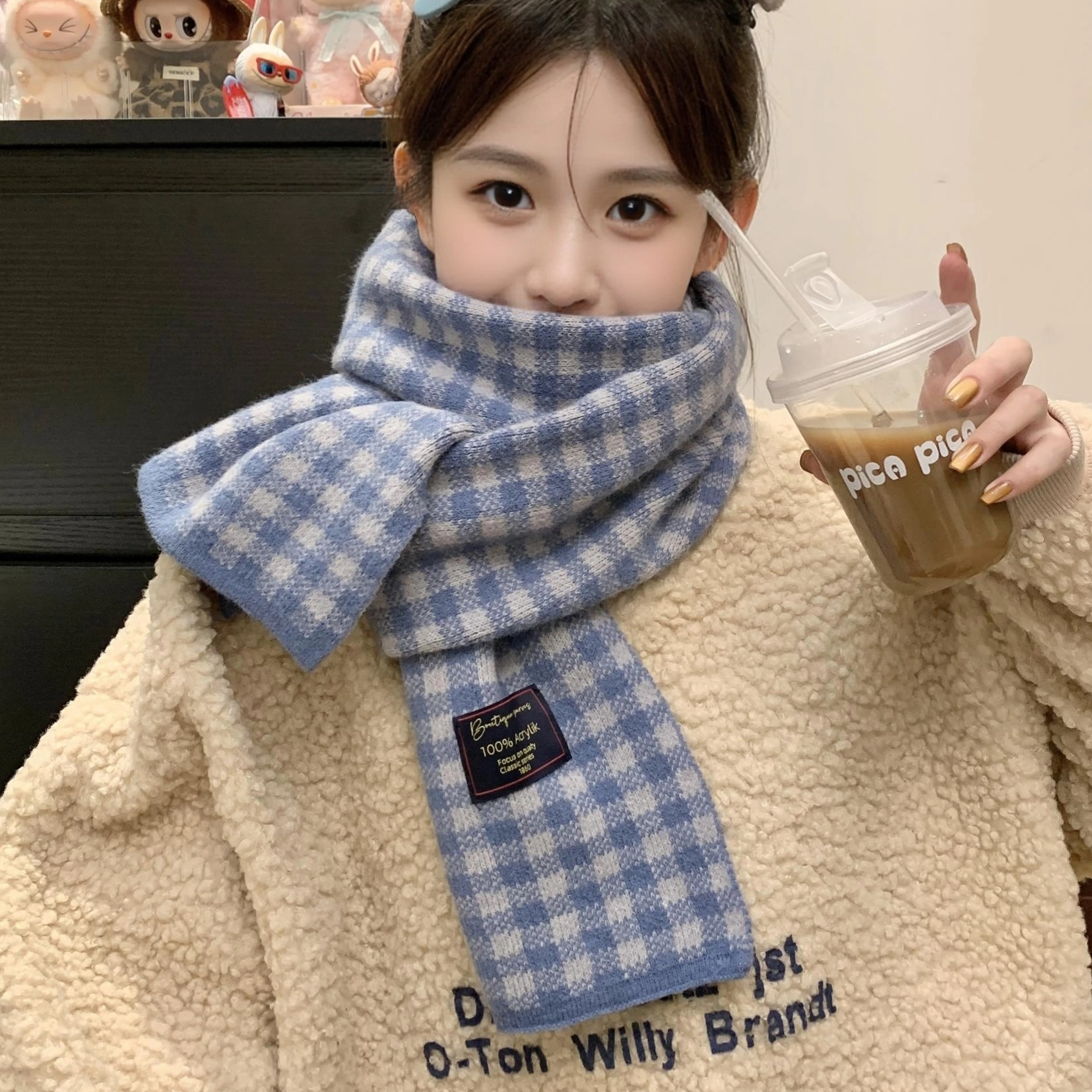 英伦风蓝色格子围巾女2025新款秋冬季高级感针织加厚保暖学生围脖