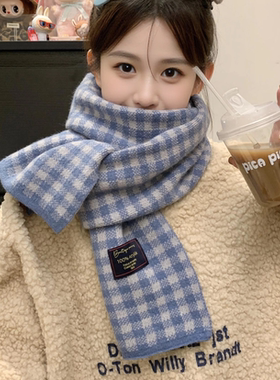 英伦风蓝色格子围巾女2025新款秋冬季高级感针织加厚保暖学生围脖