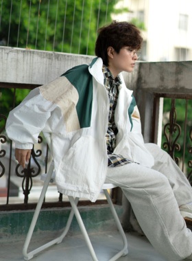 青年Culture】复古拼接白色系少年感外套帽子可收纳冲锋衣