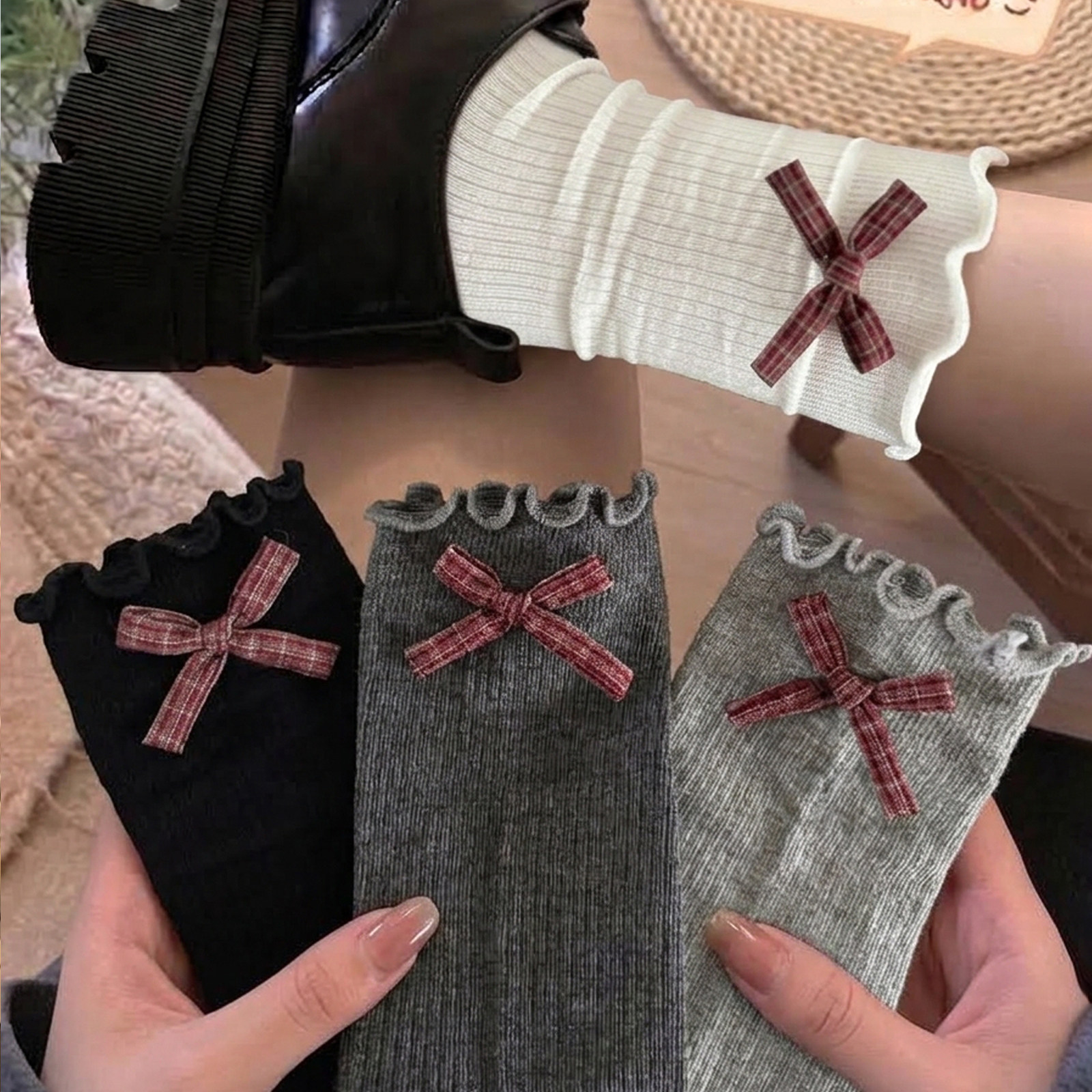 甜妹格纹蝴蝶结木耳卷边中筒袜女ins少女风堆堆袜玛丽珍棉袜