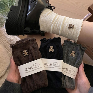木耳边小熊中筒袜女秋冬复古堆堆袜软糯棉袜配小皮鞋ins韩系百搭
