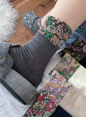 四季款棉螺口亮丝花纹女士中筒袜民族风地域风情女款袜子复古短袜