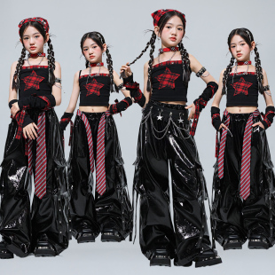 女团爵士舞潮服女童洋气jazz吊带黑色皮裤 走秀服街舞打歌舞演出服