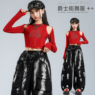 女童爵士舞服女孩洋气红色露脐上衣jazz练功服韩舞街舞Kpop演出服