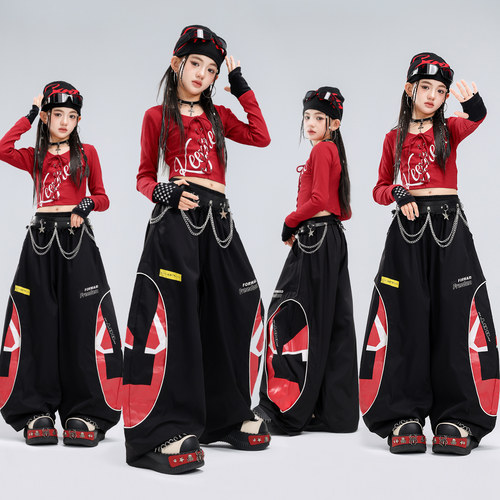 女童时髦红色上衣jazz爵士舞潮服