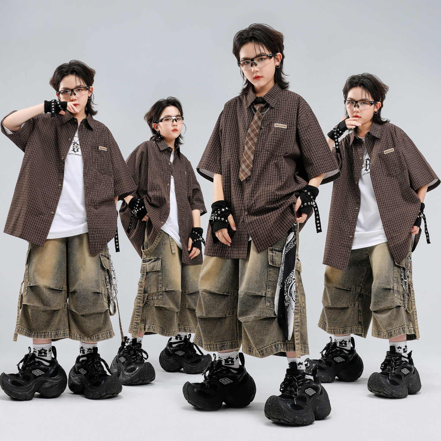 儿童酷帅格子衬衫breaking街舞服图片