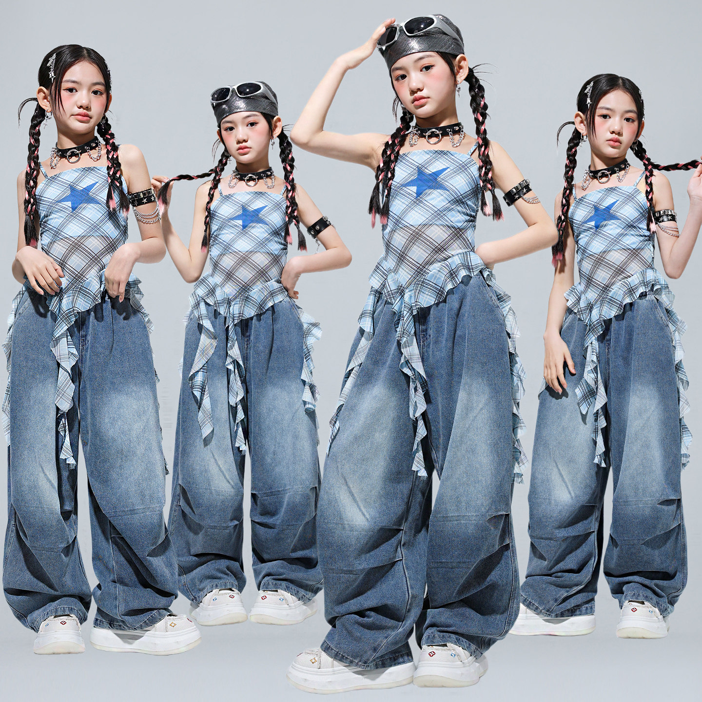 爵士舞服女童洋气吊带牛仔裤舞蹈演出服jazz韩舞街舞模特走秀潮服