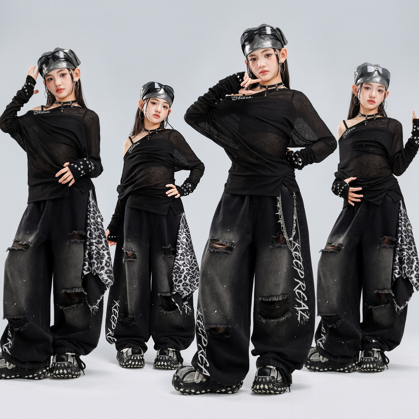 女童jazz爵士舞潮服韩版黑色露肩长袖牛仔裤舞蹈服街舞走秀演出服