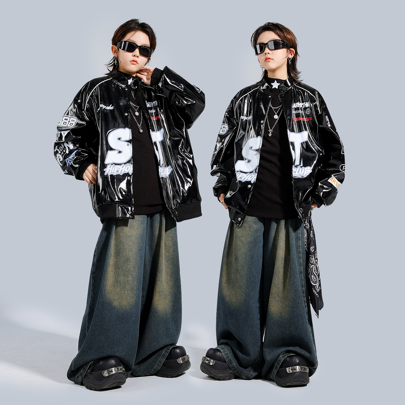 儿童酷帅皮衣嘻哈街舞架子鼓潮服