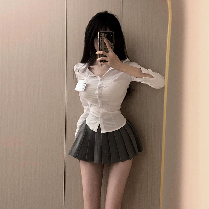 V领性感修身白色衬衫女短袖百褶裙职业套装OL制服足浴KTV工作服夏