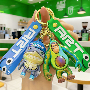 外国山海经电镀钥匙扣卡通抽象站姿穿鞋鲨鱼牛油果猴木棍人挂件链