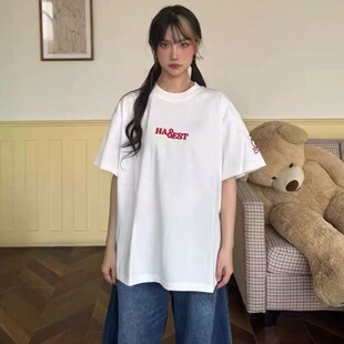美式高街小火苗刺绣字母短袖t恤男女宽松国潮牌纯棉重磅夏季上衣