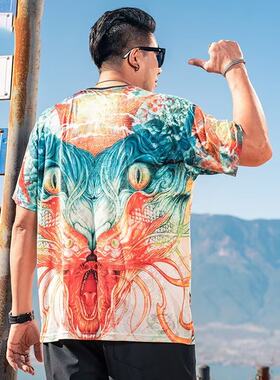 300斤胖子肥仔夏天薄款冰丝短袖T恤男大码潮流印花圆领半袖打底衫