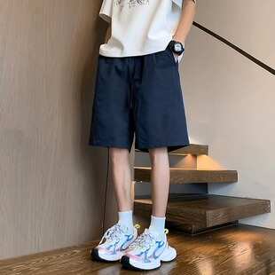 藏青色美式斜切休闲短裤男女夏季速干情侣运动裤子直筒宽松五分裤