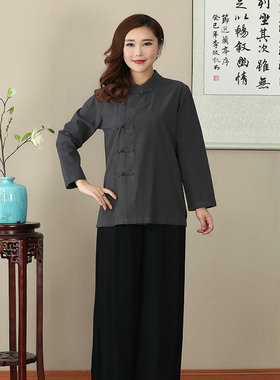 棉麻复古中老年长袖汉服妈妈装
