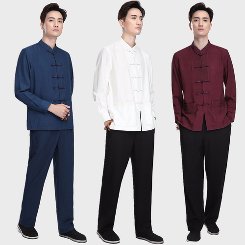 新款秋季男士唐装套装长袖打底外穿衬衣配松紧裤子中老年人爸爸装