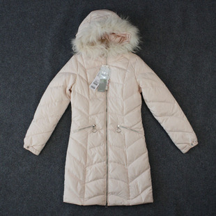 艾格冬季甜美修身百搭连帽长袖纯色真毛领中长款羽绒服