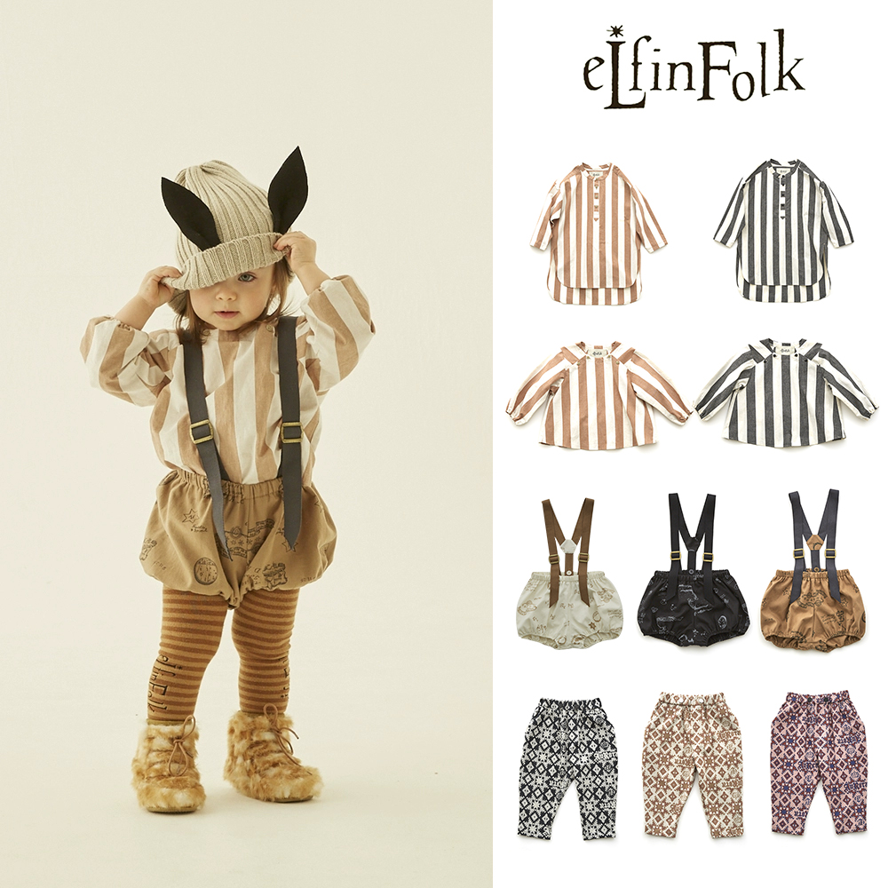 6ZLittle现货 日本elfinfolk FW23秋冬条纹长袖T恤背带短裤长裤