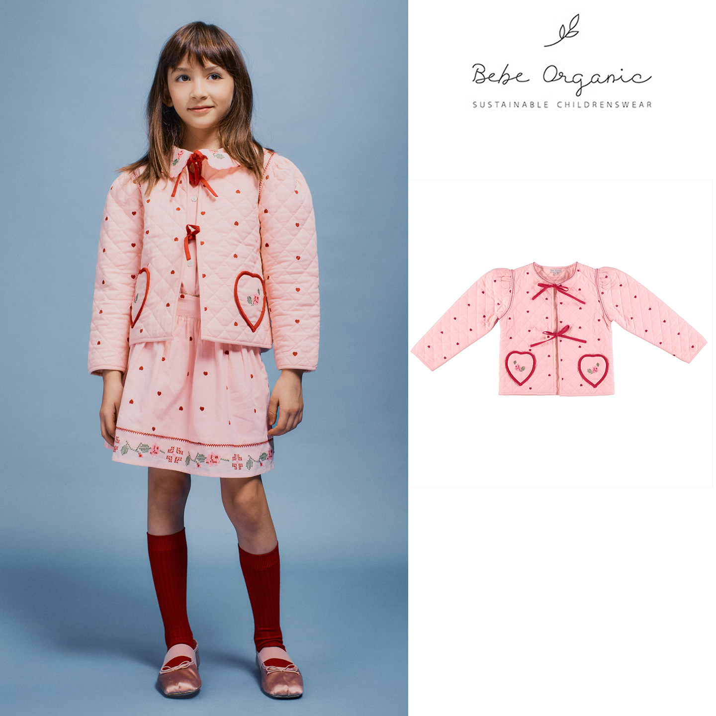 Little家 bebe organic FW26女童纯棉粉色爱心波点夹克棉服