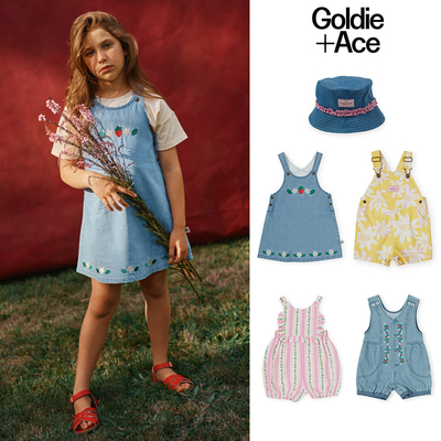 Little现货 澳洲Goldie Ace SS26春夏女宝印花牛仔背带裤遮阳帽