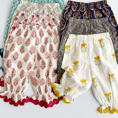 YOBABYONLINE  SS26女童印度手工印花拓印束脚花边防蚊裤有机棉