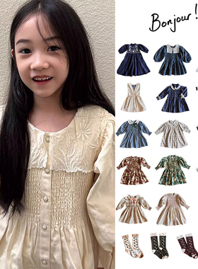 5Z Little现货 法国bonjour FW24女宝复古刺绣翻领连衣裙袜子