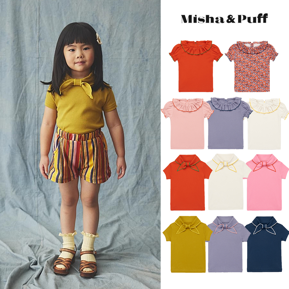 Little家现货 Misha Puff SS24春夏儿童纯棉蝴蝶结短袖花边领T恤