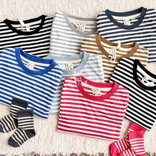 SS25儿童中性有机棉条纹长袖 label T恤 Little荷兰gray