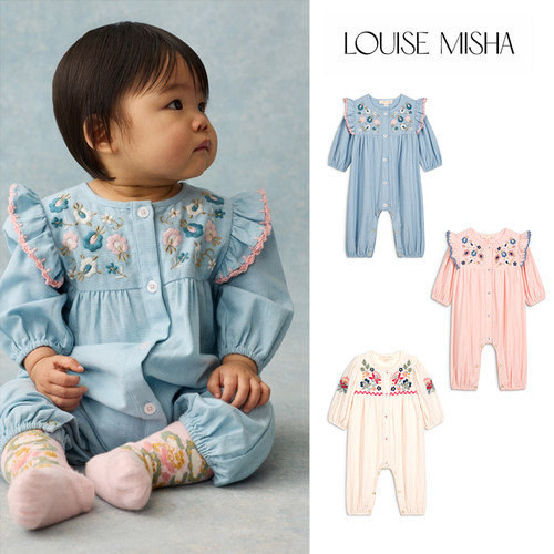 D2 Little家 法国louise misha FW26秋冬女宝亚麻刺绣长袖连体衣