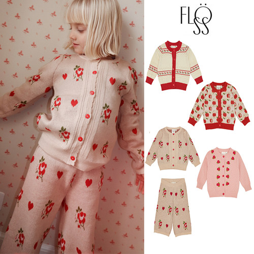 3件5折Little现货丹麦floess FW25秋冬女宝玫瑰针织开衫外套长裤