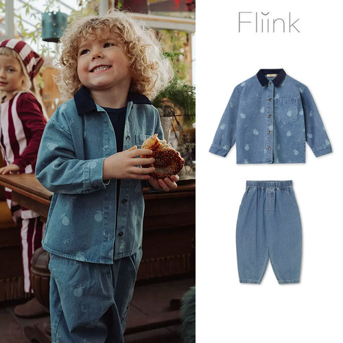 Little现货 丹麦Fliink FW26秋冬儿童中性牛仔衬衫外套长裤100棉