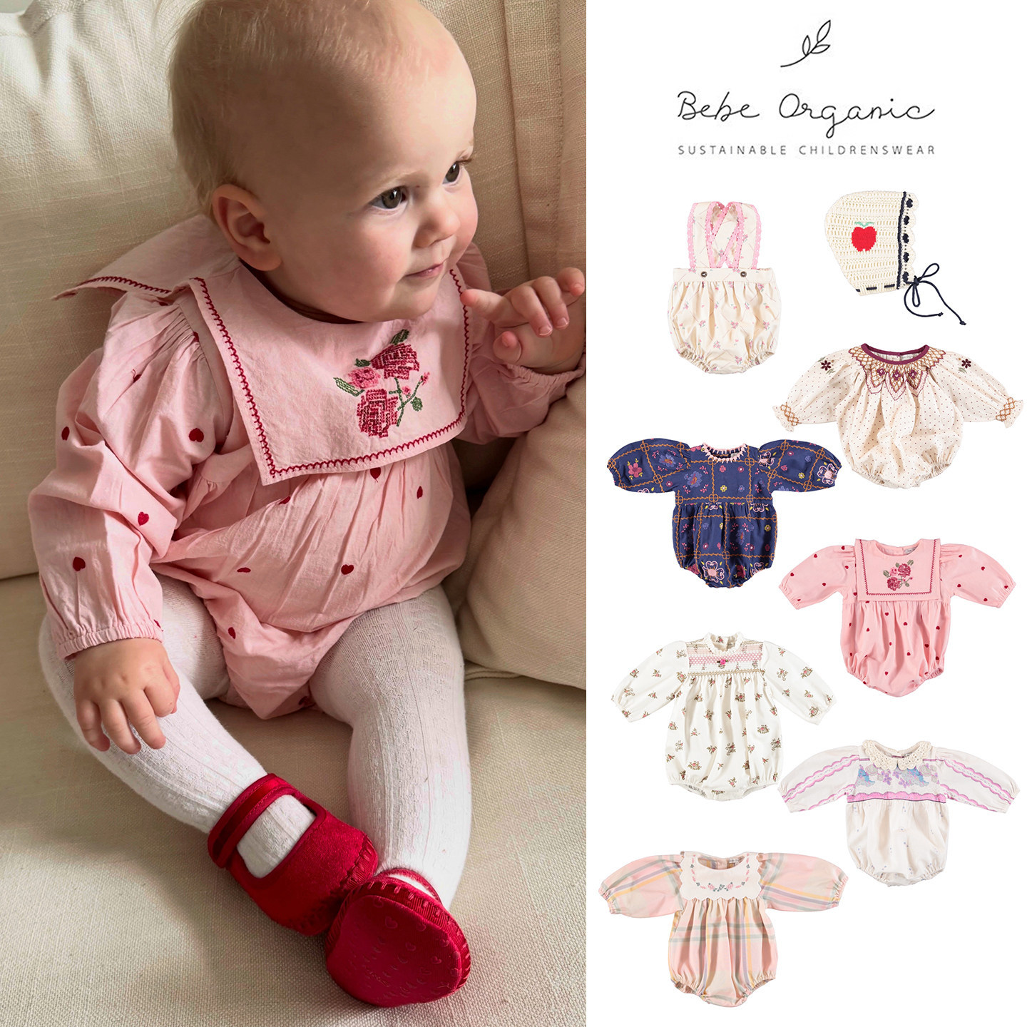 9折 Little家现货 bebe organic FW26秋冬女宝长袖包屁衣针织帽子