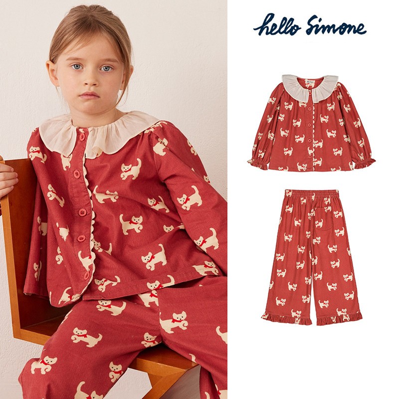 Little现货 法国 hello simone FW26秋冬女宝小狗上衣长裤套装