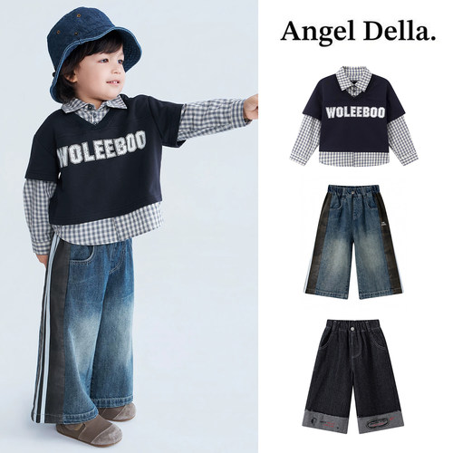 Little现货 日本Angel della FW26秋冬儿童假两件上衣牛仔裤