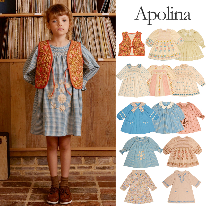 little现货 英国APOLINA FW25秋冬女宝复古刺绣连衣裙公主裙马甲