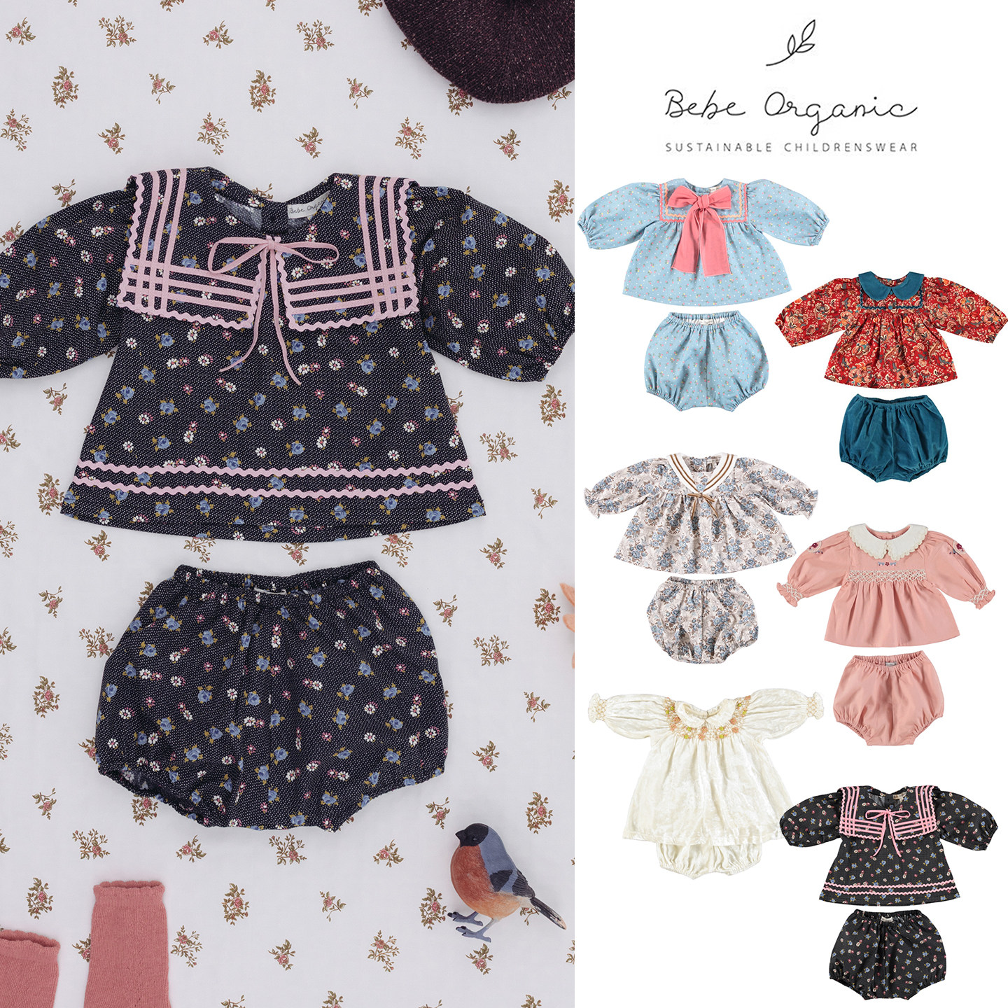 9折 Little家 bebe organic FW26女宝宝碎花上衣花苞裤套装