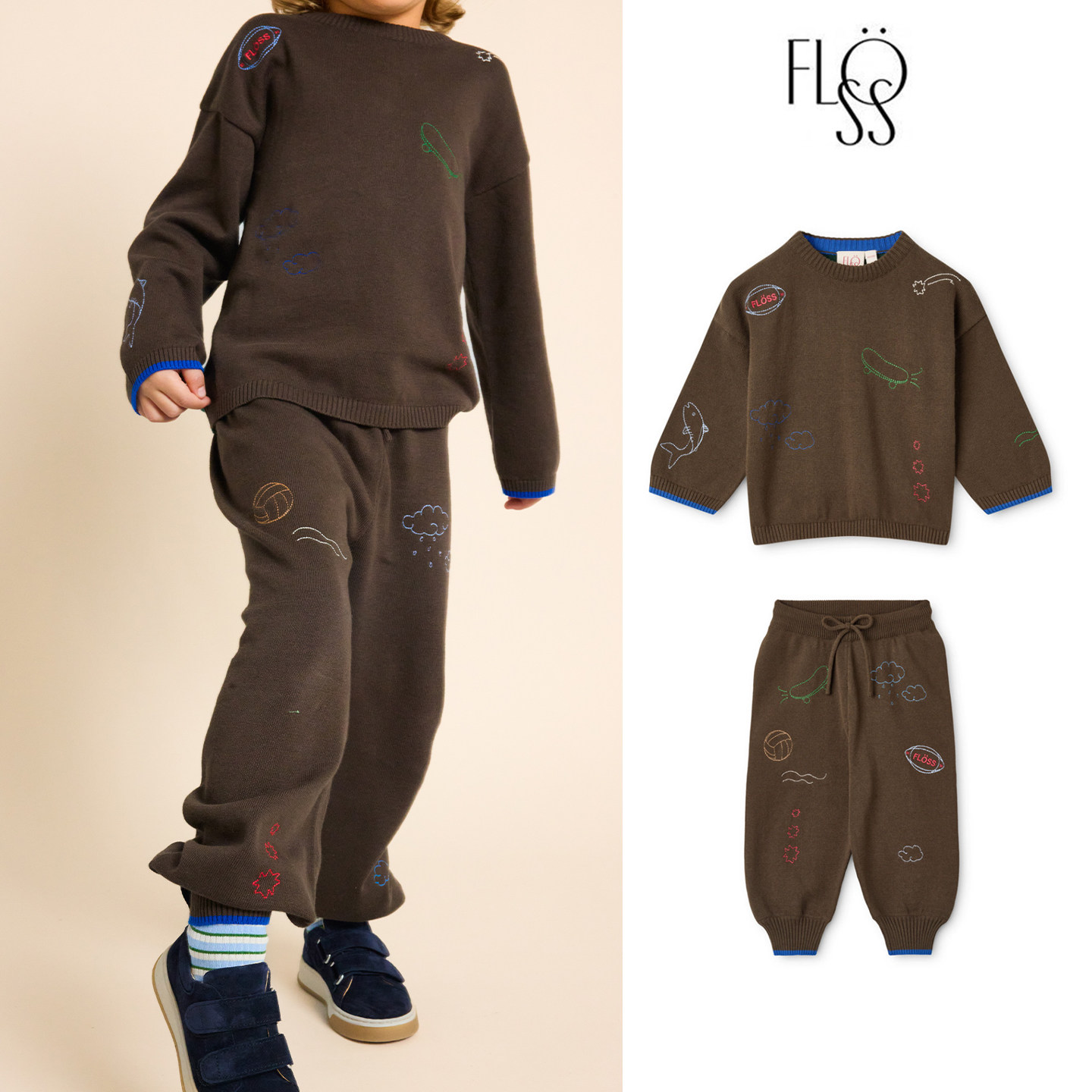 Little现货丹麦 floess FW26 秋冬男女宝棕色针织套头毛衣长裤