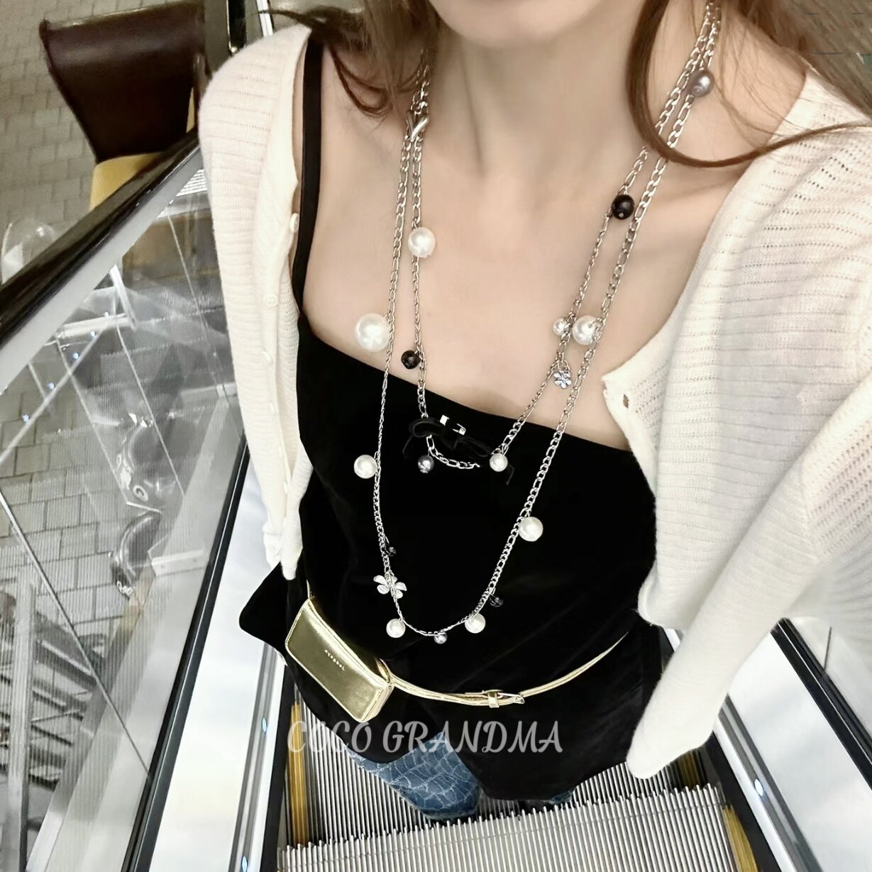 万能搭配 /黑白珍珠花朵吊坠长款项链个性小众设计感潮2024夏天女
