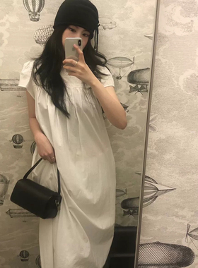 PREON工厂自制夏季新款法式松弛感蕾丝边领短袖长款连衣裙smooth