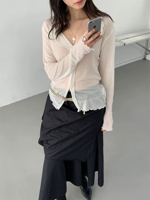 福利款～PREON工厂自制夏季新款木耳边薄透长袖v领t恤上衣table风