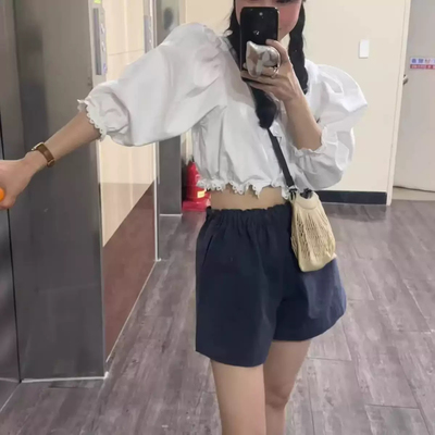 PREON工厂自制早春新款正反两穿白色蕾丝短款小衬衫上衣freckle风