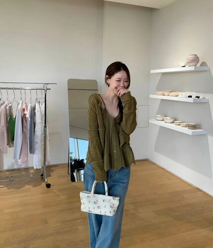 现货PREON自制优雅荷叶边气质绿色吊带针织开衫atelier同款