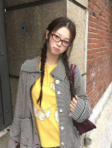 现货PREON自制coy同款复古条纹翻领宽松开衫外套